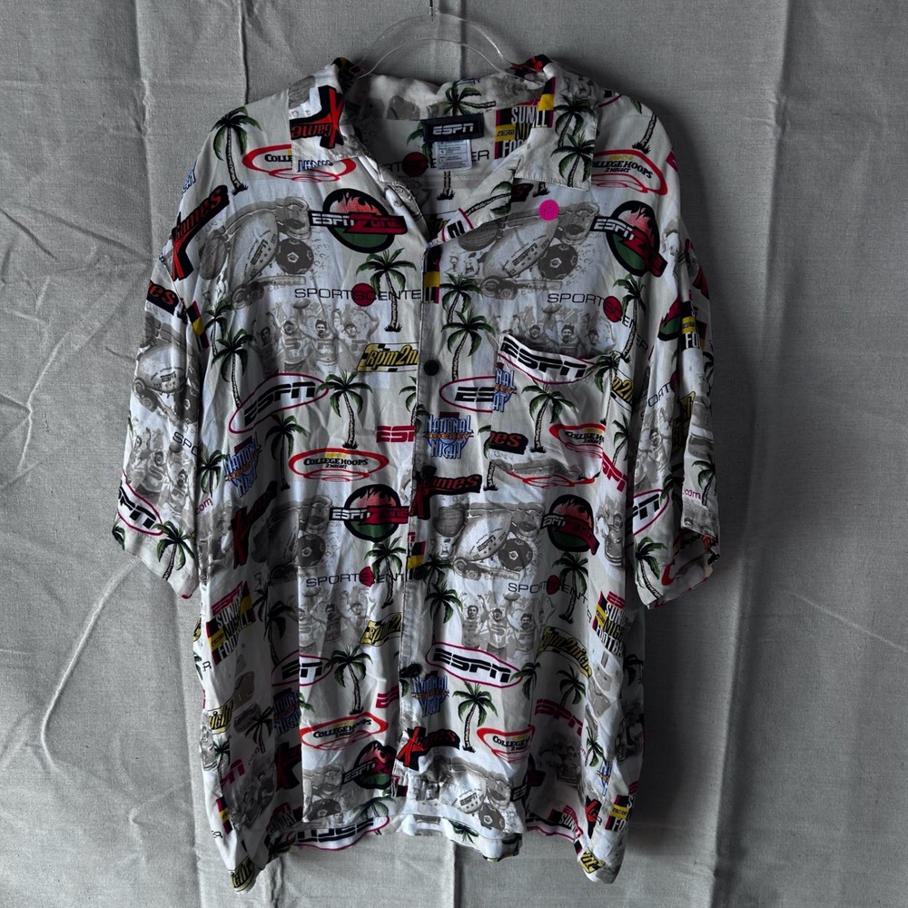 Vintage ESPN All Over Print Hawaiian Shirt Men L SportsCenter X Games SNF White